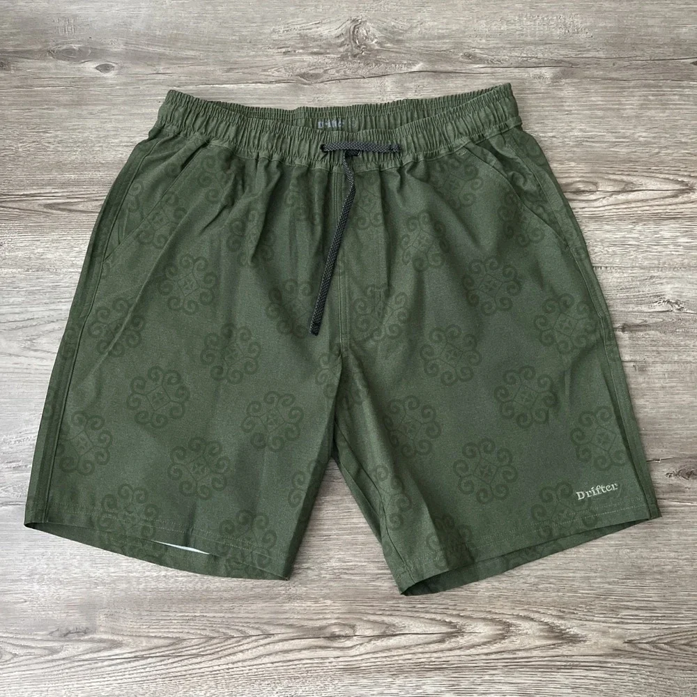 Drifter Surf Board Shorts Mens XL Green Geometric Pattern Elastic Waist Casual